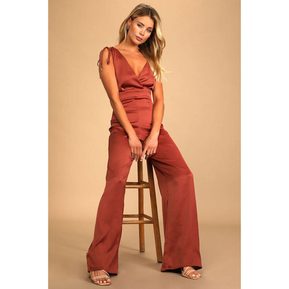Lulus Look Of Luxe Rusty Rose Satin Asymmetrical Wide-leg Jumpsuit Pink - Size S